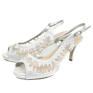 Lady Couture Glamorous Silver Rhinestone Peep-Toe Slingback Heels Size 40 (8.5)